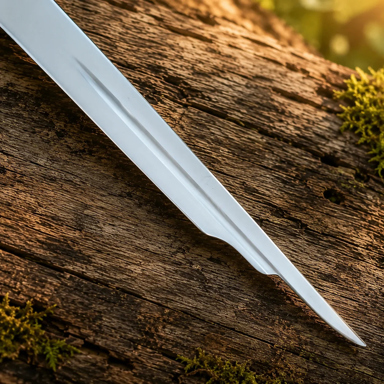 Close-up of Narsil prop replica polished silver blade tip with double fuller on rustic wood log in sunlit forest – LOTR fantasy collectible