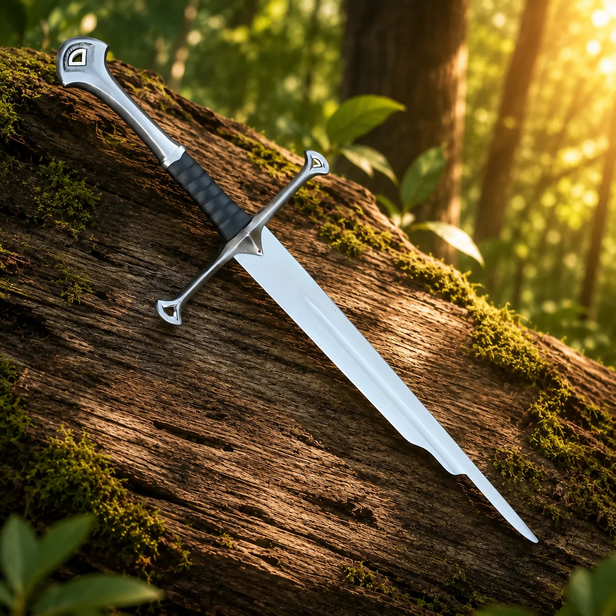 Shards of Narsil prop replica full length on mossy forest log in sunlit forest showing full silver blade and angular crossguard – Tolkien LOTR fan gift