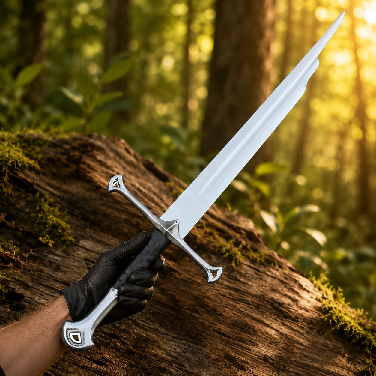 Narsil prop replica held aloft in gloved hand in sunlit forest showing full polished silver blade and crescent pommel – LOTR cosplay prop
