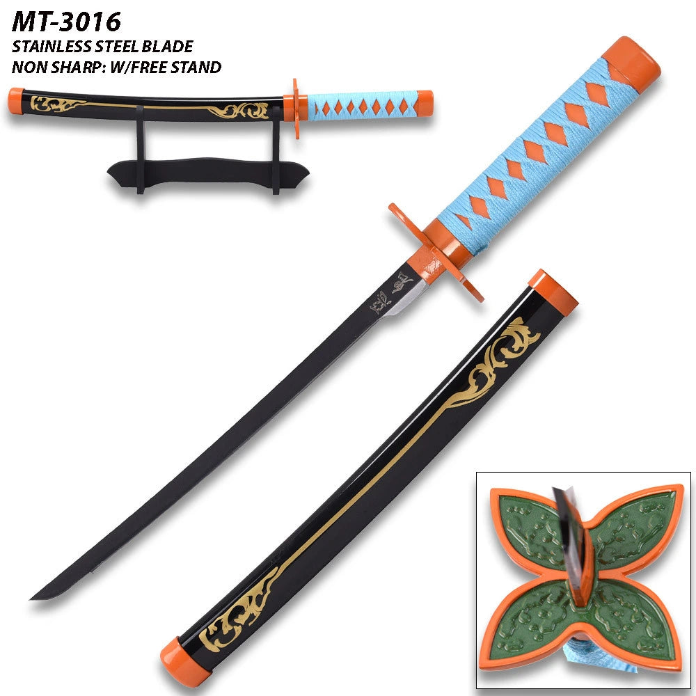Demon Slayer Shinobu Kocho Nichirin display collectible presented with its matching decorative scabbard and display stand, making a beautiful centerpiece for collector cabinets, gaming rooms, anime room décor, cosplay photography, and shelf displays.