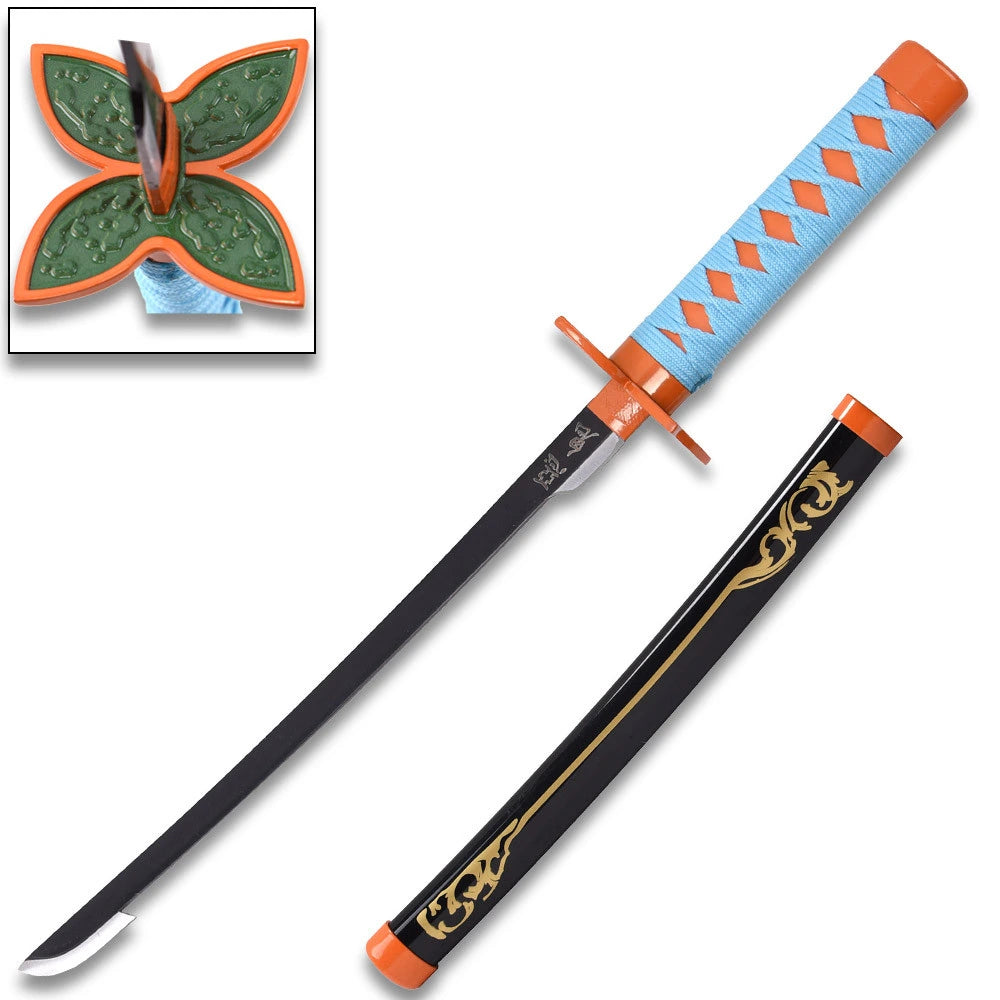Full-length Shinobu Kocho Nichirin display collectible from Demon Slayer showcasing the elegant butterfly-themed guard, decorative wrapped handle, premium display finish, and matching scabbard for anime collectors and display shelves.