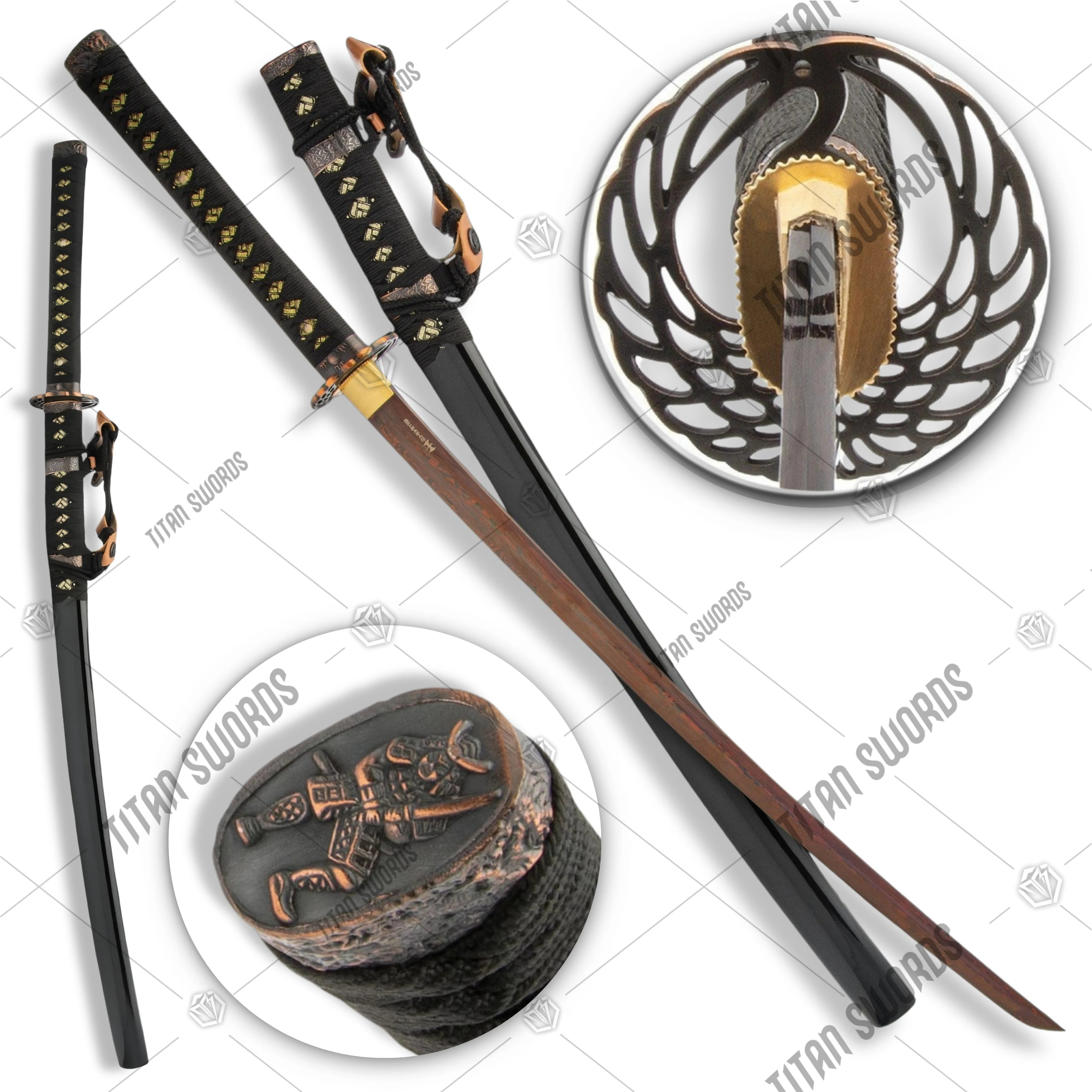 Premium Shinwa Ebony Tachi Katana Black Damascus Sword with damascus steel.