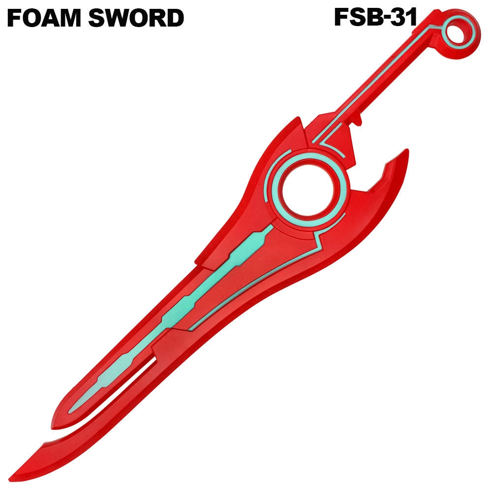 Full-length Shulk Monado Foam Sword display collectible featuring reinforced high-density PU foam construction, bold red futuristic detailing, lightweight collector-quality craftsmanship, and premium presentation for Xenoblade Chronicles fans, gaming rooms, and cosplay photography.