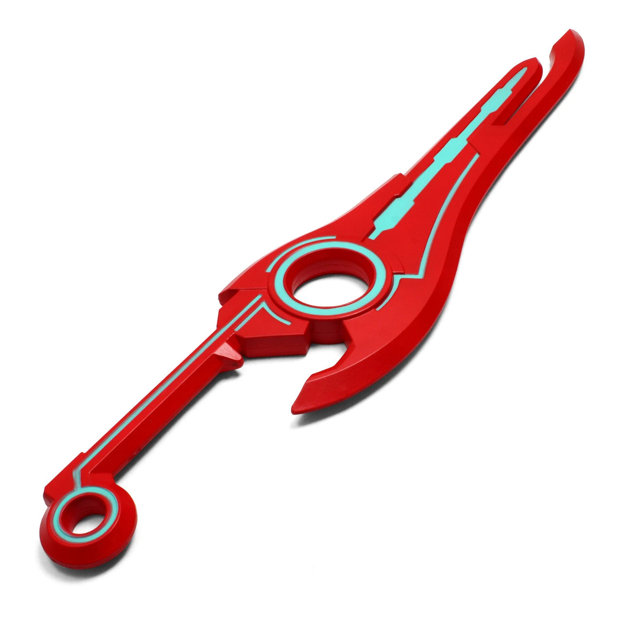 Close-up of the Shulk Monado Foam Sword display collectible showcasing the iconic circular center design, detailed futuristic engravings, textured ergonomic handle, premium foam construction, and decorative game-inspired finish from Xenoblade Chronicles.