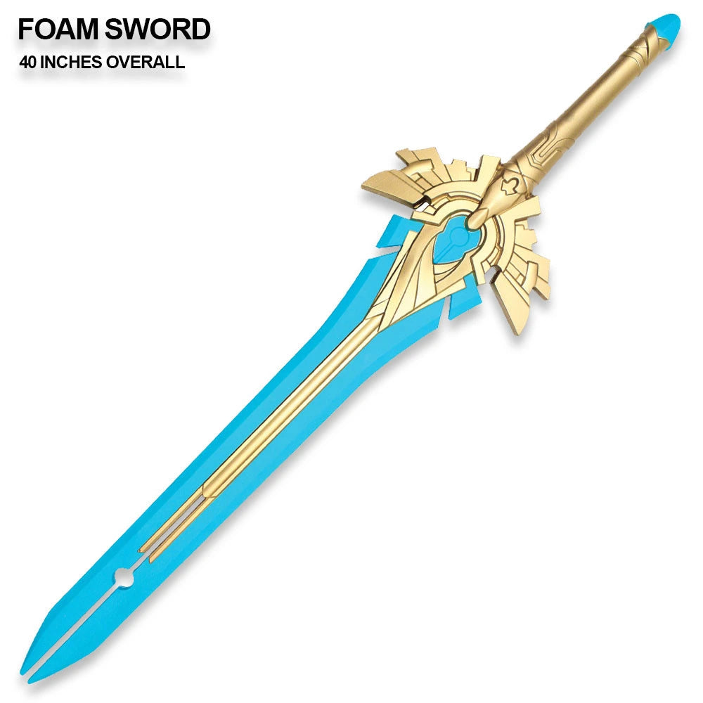 Close view of the Skyward Blade Foam Sword featuring celestial blue blade details and an ornate gold fantasy handle