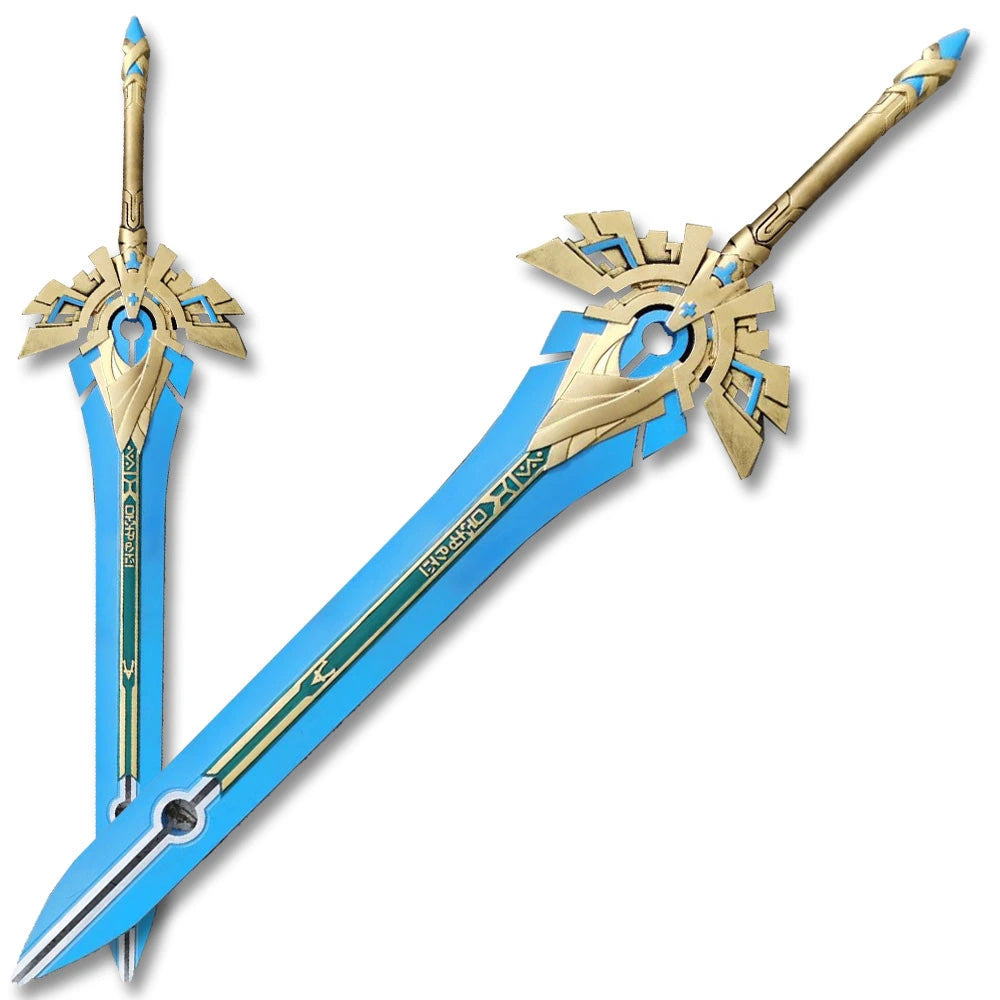 Close-up of the Skyward Pride Sword highlighting the sculpted handle, blue finish, gold trim, and fantasy blade details.