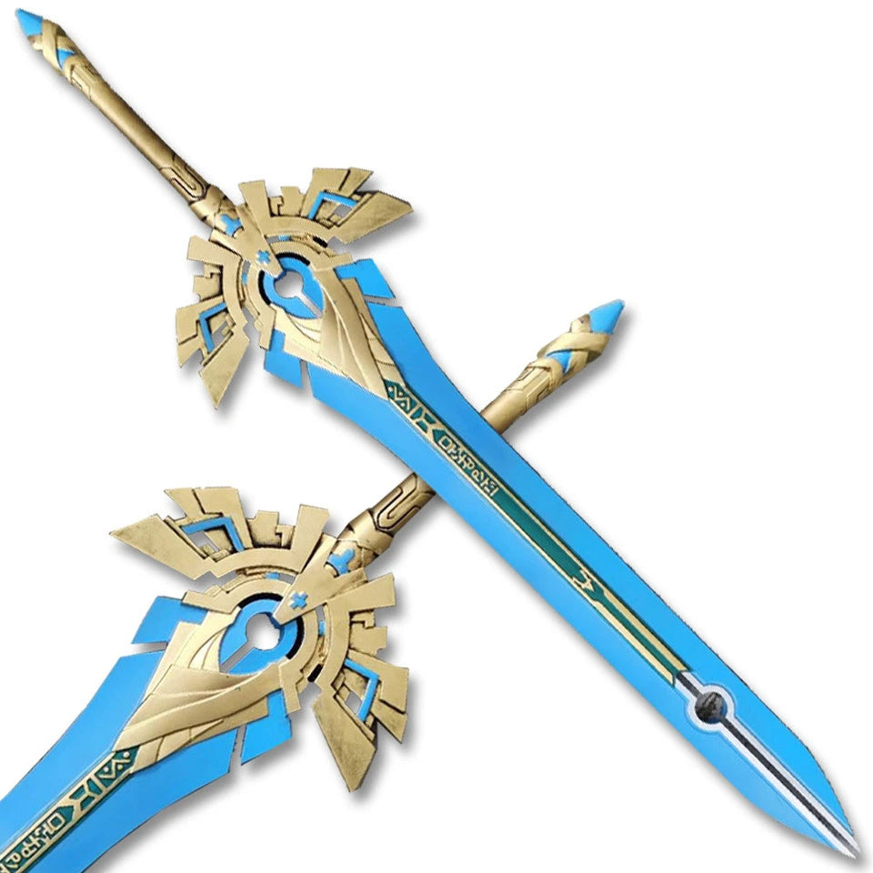 Lightweight fiberglass Skyward Pride Sword designed for Genshin Impact cosplay photography and collector-room display.