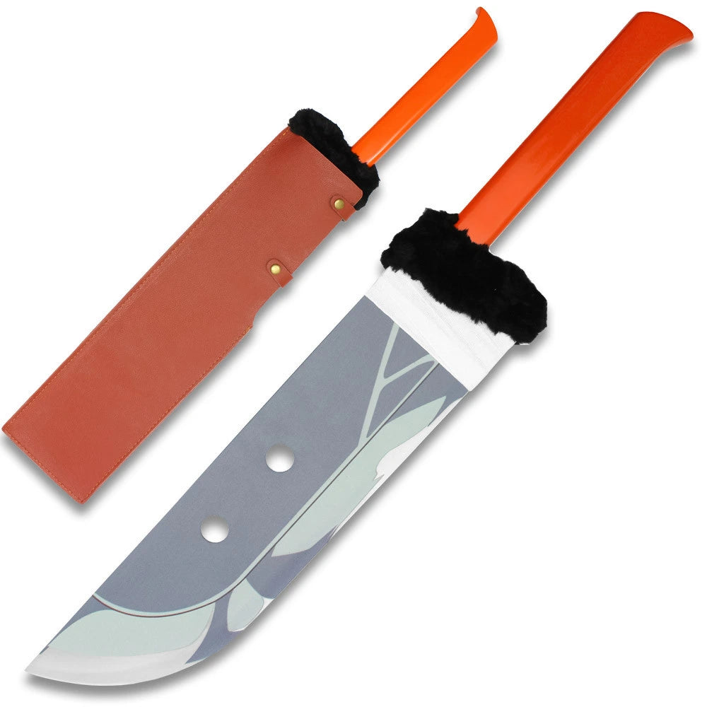 Close-up of the Slaughter Demon display collectible highlighting the detailed stainless steel blade, decorative wrapped handle, premium display finish, anime-inspired craftsmanship, and matching decorative sheath for Jujutsu Kaisen collectors and cosplay enthusiasts.