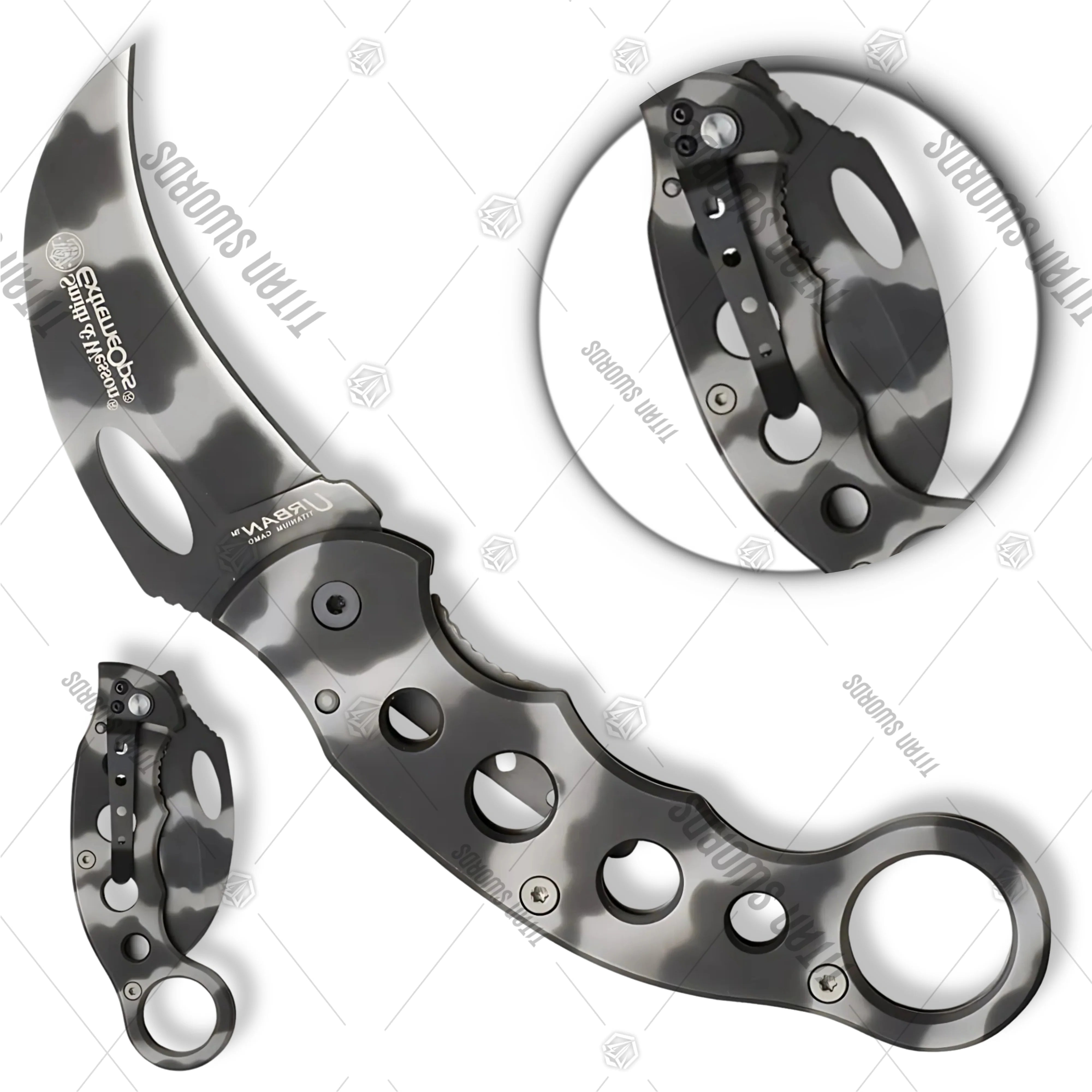 Premium Smith & Wesson Folding Knife Extreme Ops Karambit Camo with stainless steel.