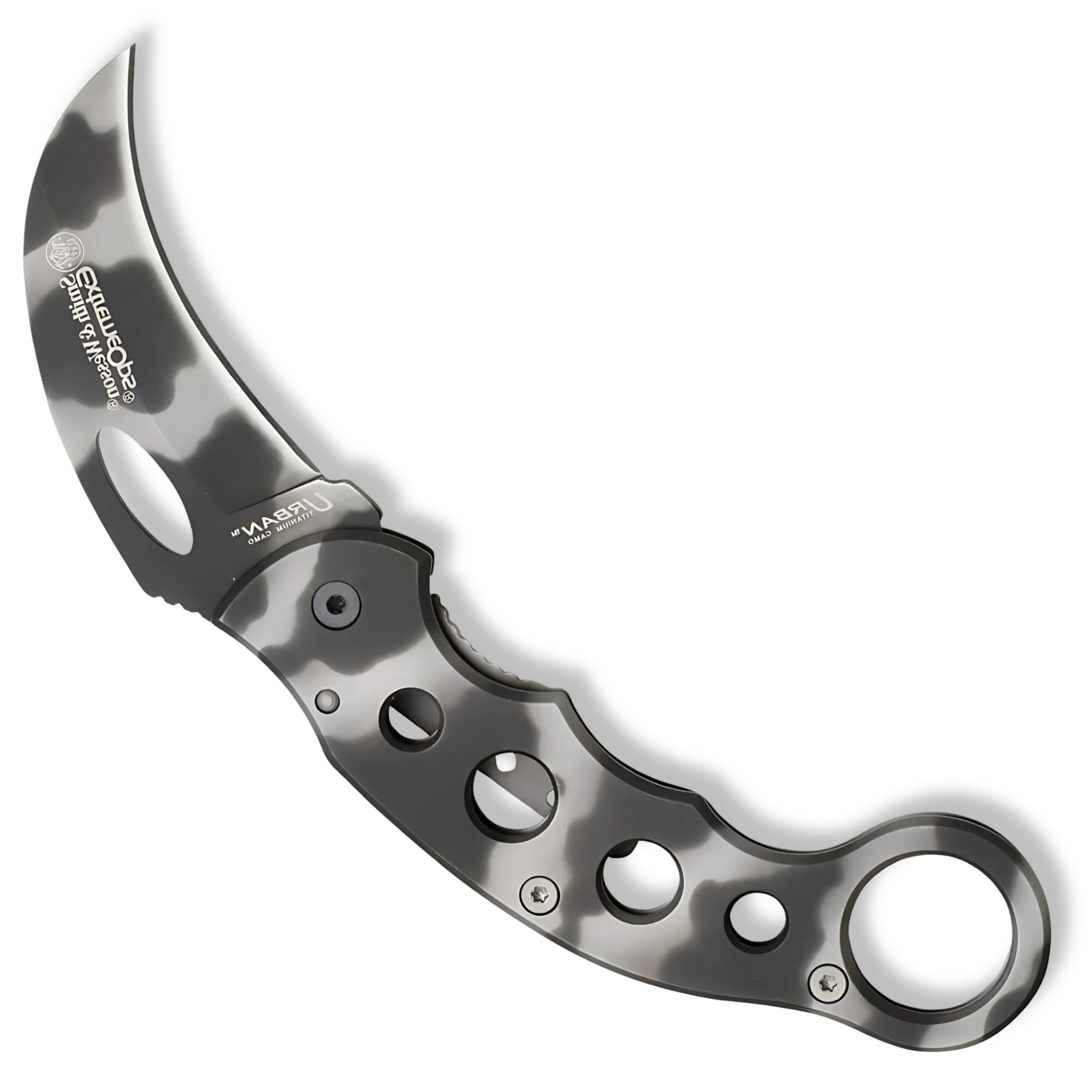 Premium Smith & Wesson Folding Knife Extreme Ops Karambit Camo with stainless steel.