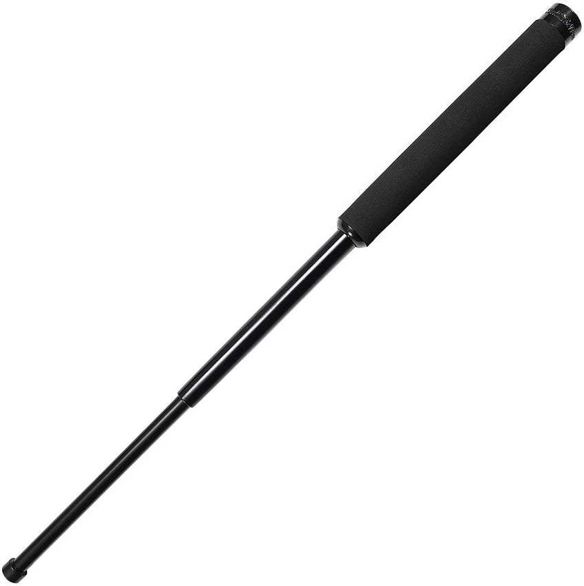 Smith & Wesson collapsible baton with black metal finish, black foam-style grip, and matching black nylon storage pouch for collector display presentation