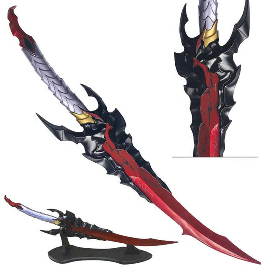 Solo Leveling Abyssal Flame Reaver replica full view with red molten patterns and display stand