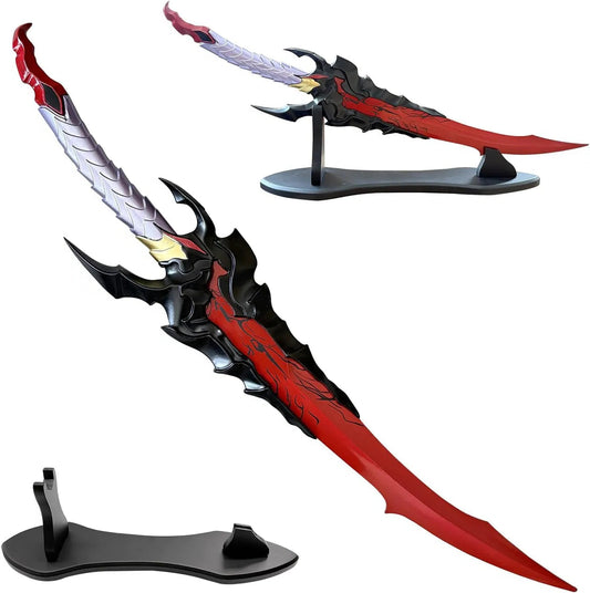 Solo Leveling Abyssal Flame Reaver replica full view with red molten patterns and display stand