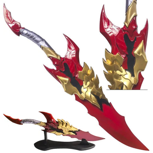Ergonomic red handle with purple gold accents on Kamish's Wrath anime replica