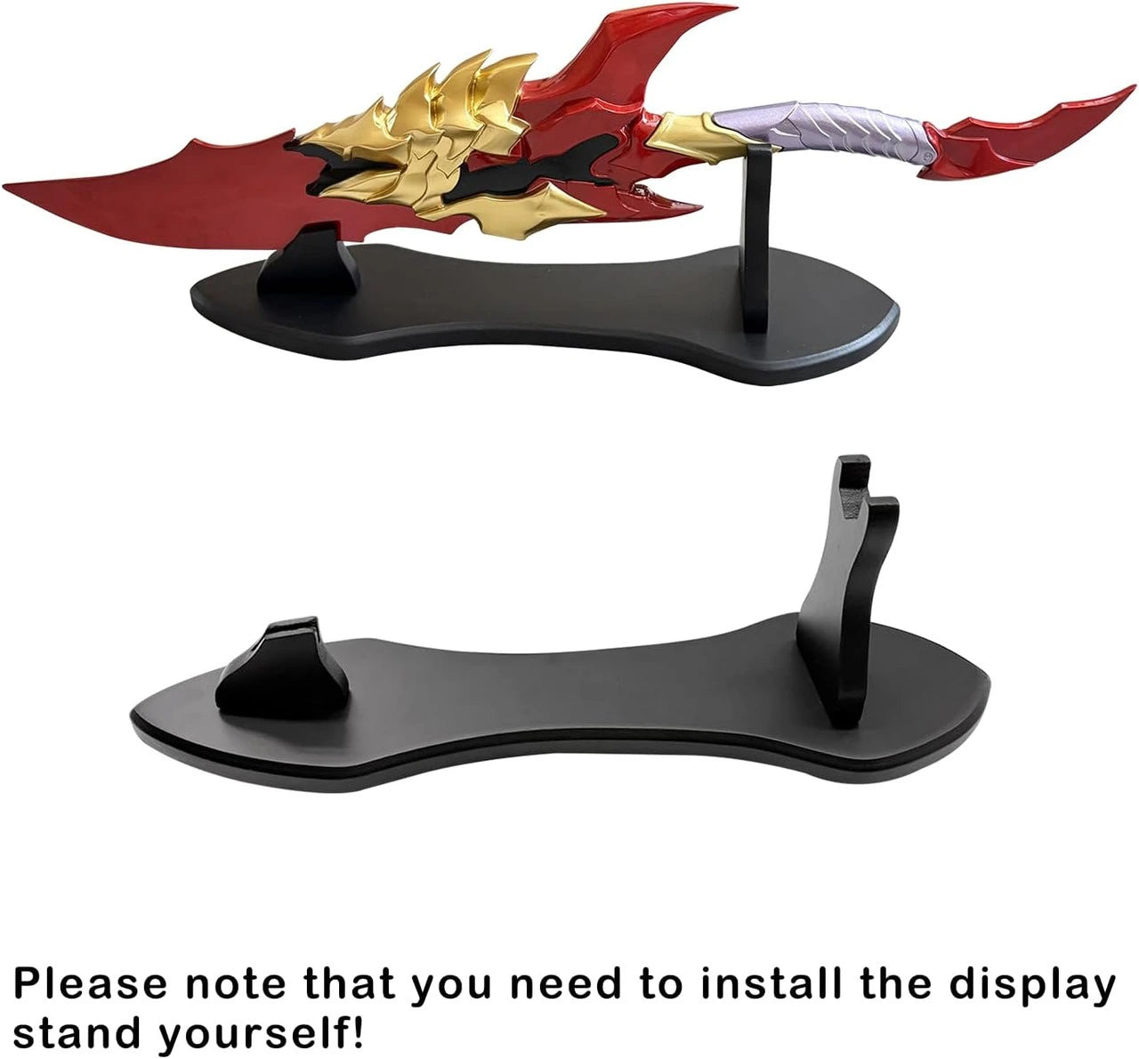 Solo Leveling Kamish's Wrath fantasy dagger prop replica featuring crimson red blade with jagged edges, gold dragon-scale guard detailing, and textured silver grip — cosplay and display collectible