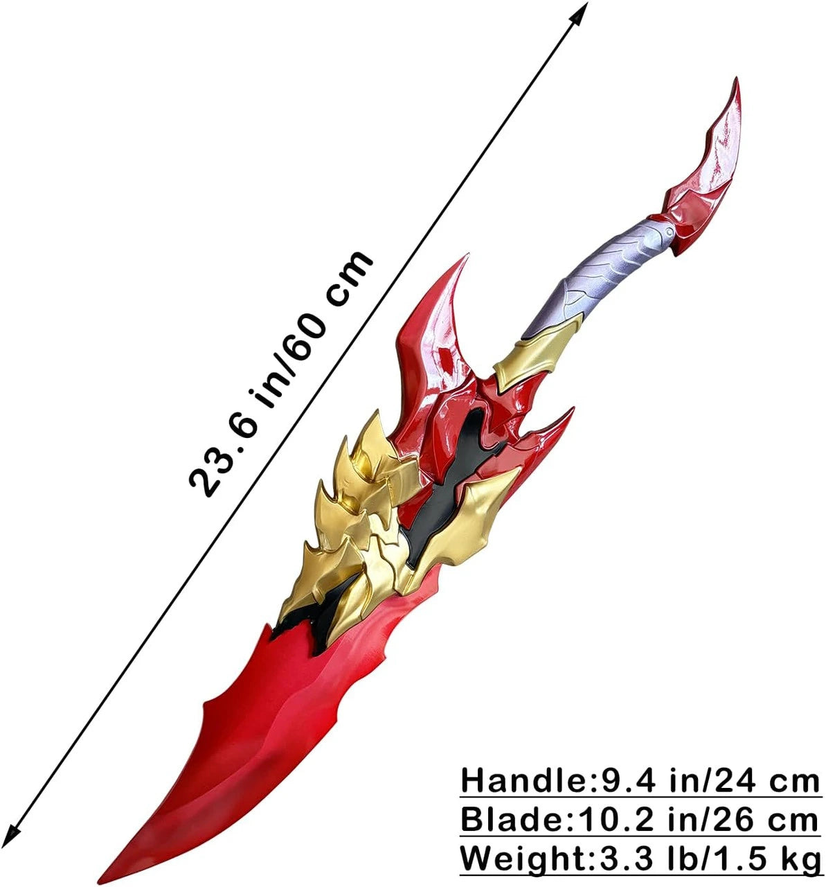 Solo Leveling Kamish's Wrath dagger prop replica mounted on included black two-post display stand, shown from side angle — display stand requires self-assembly
