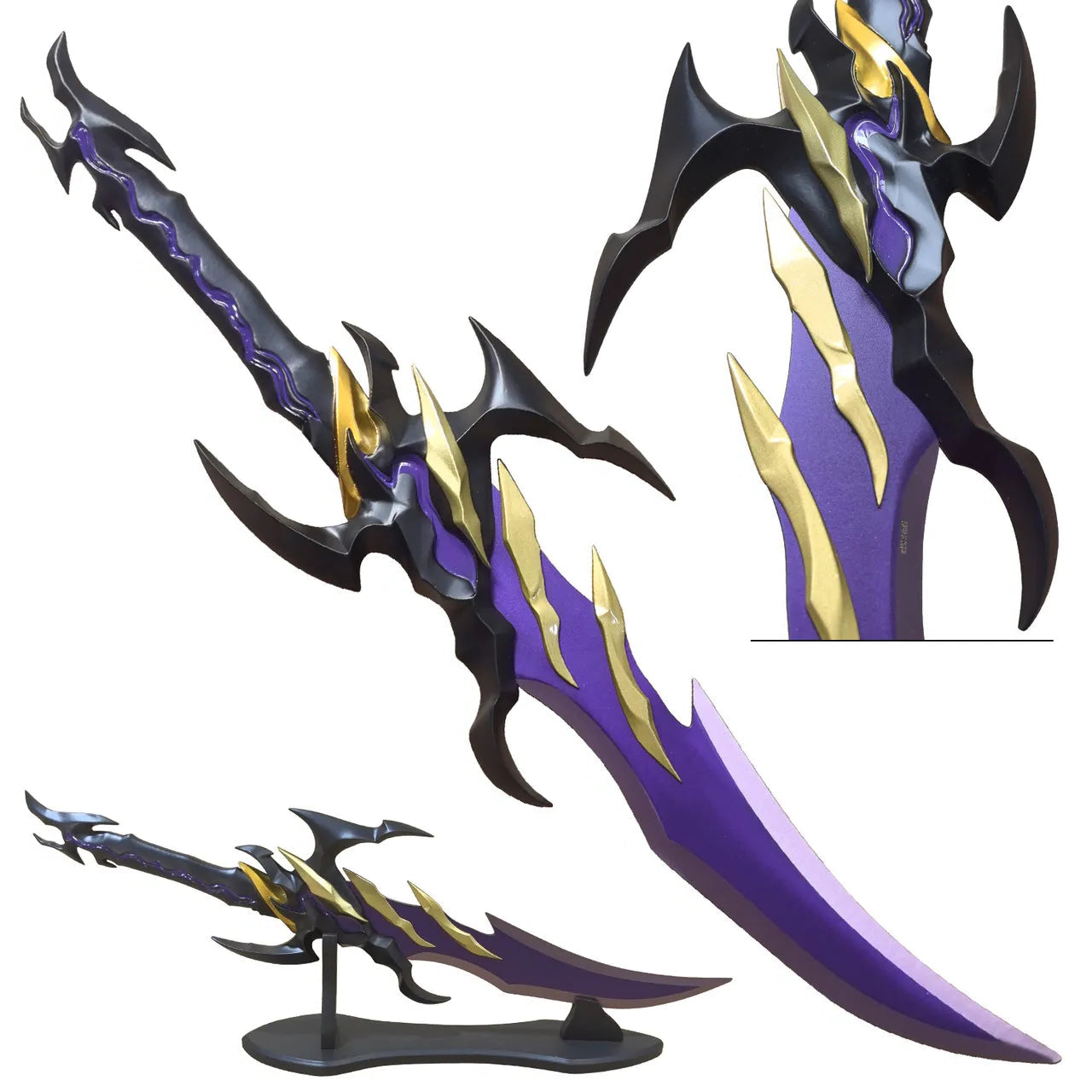 Solo Leveling Voidstrike Shadow Serpent replica full view with display stand and cosmic violet design