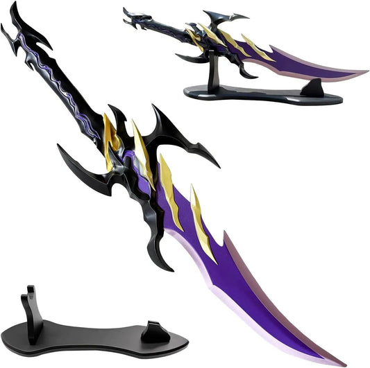 Solo Leveling Voidstrike Shadow Serpent replica full view with display stand and cosmic violet design