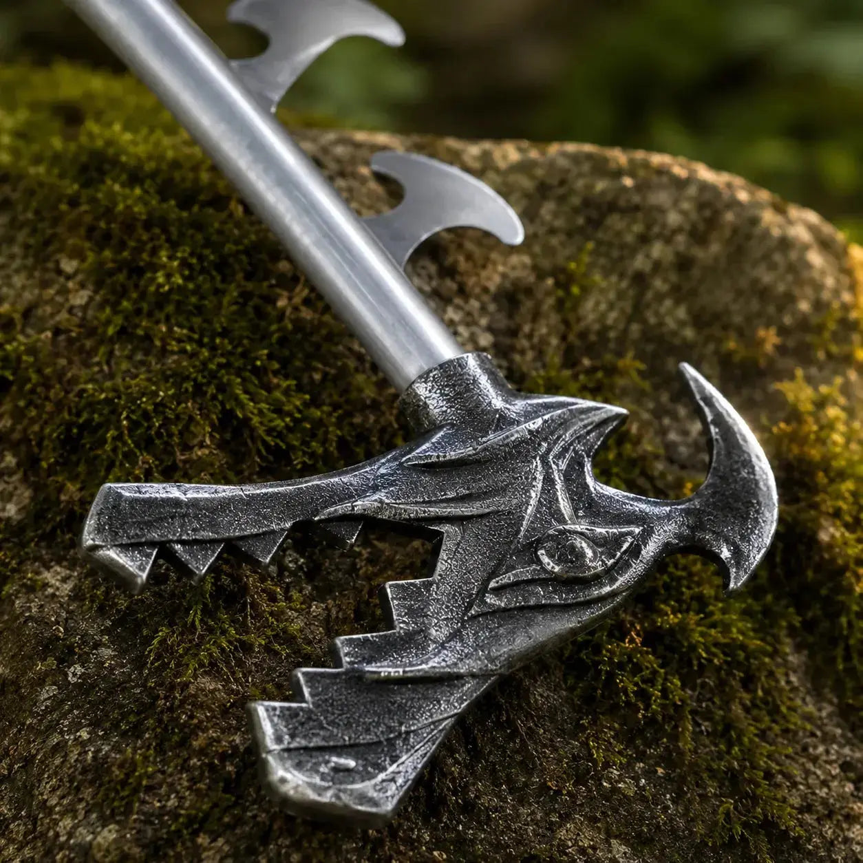Sora Fatal Crest Keyblade Kingdom Hearts prop replica side profile on mossy rock