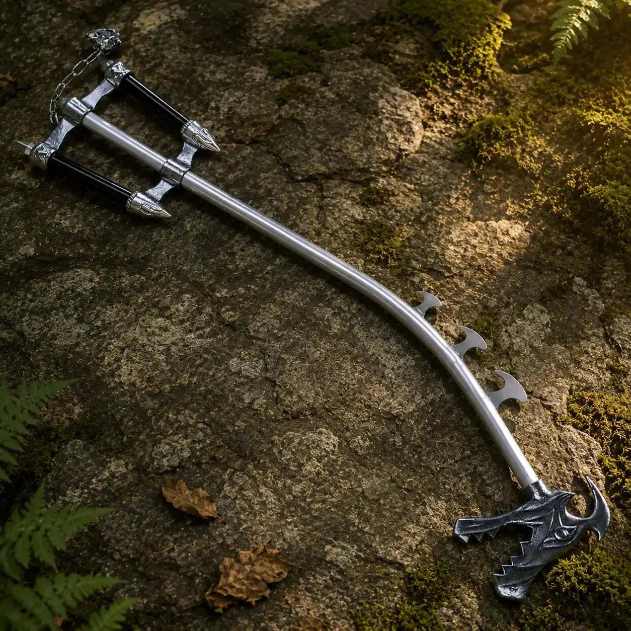 Kingdom Hearts Sora Fatal Crest Keyblade prop replica displayed in sunlit forest setting