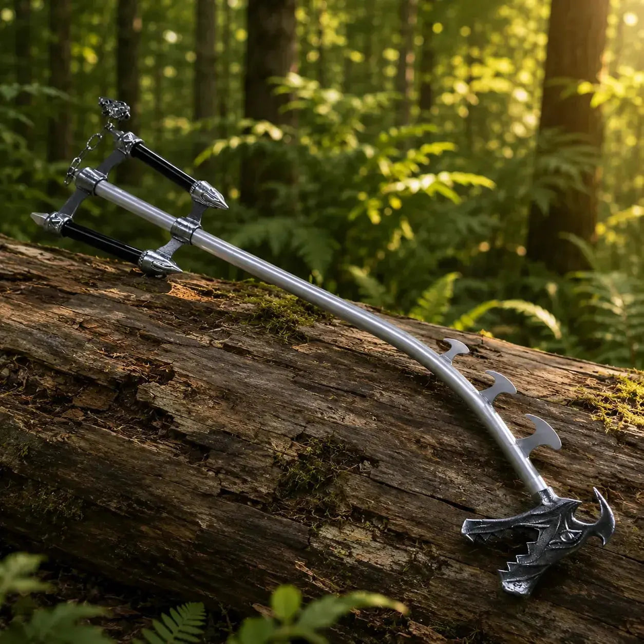 Sora Fatal Crest Keyblade Kingdom Hearts cosplay prop replica resting on fallen log
