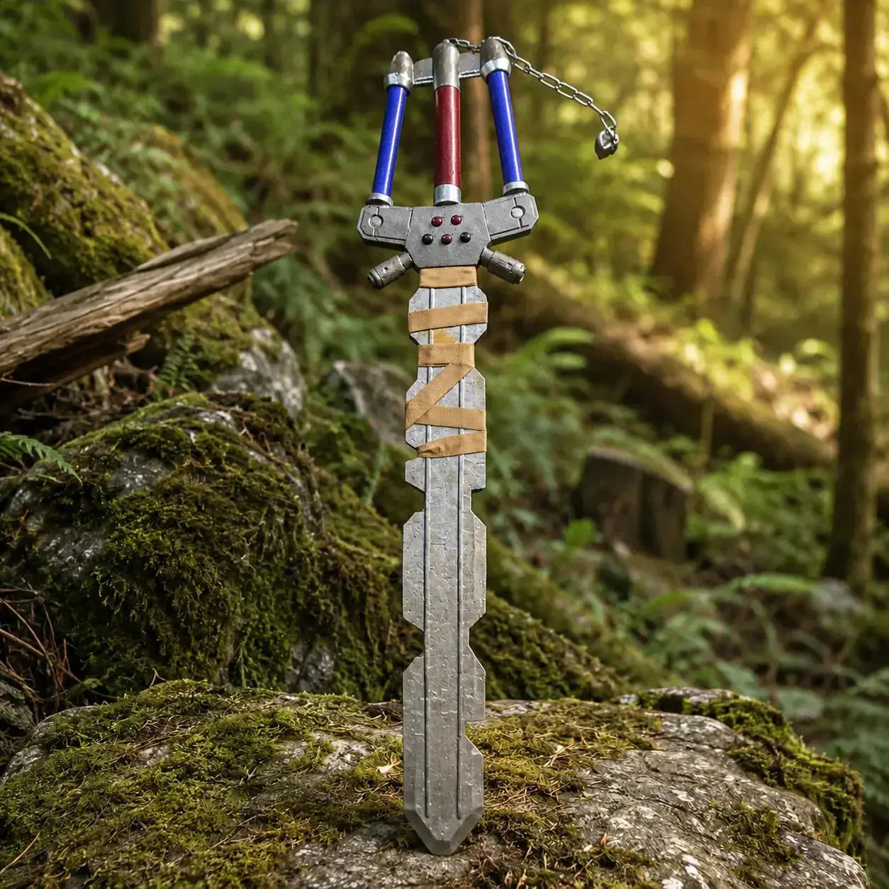 Sora Fenrir Keyblade prop replica laid flat on mossy rock – Kingdom Hearts display collectible