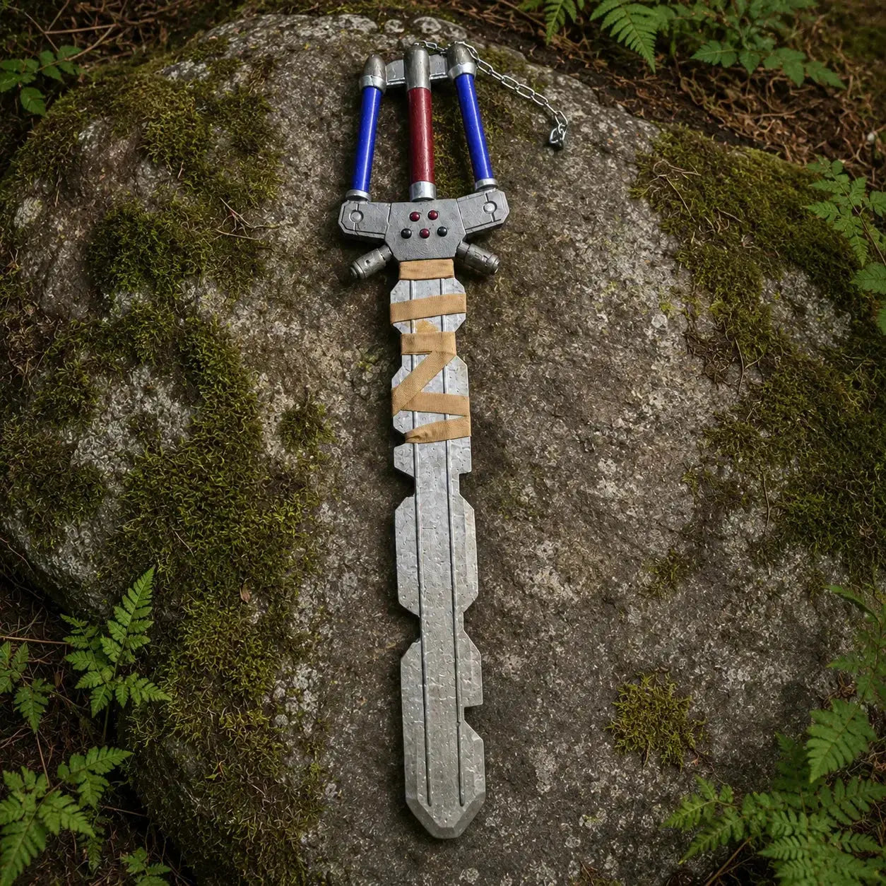 Kingdom Hearts Fenrir Keyblade prop replica standing upright on forest rock – full length view