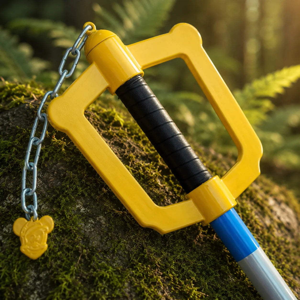 Sora Kingdom Key Keyblade prop replica full length view on forest log – Kingdom Hearts fan collectible