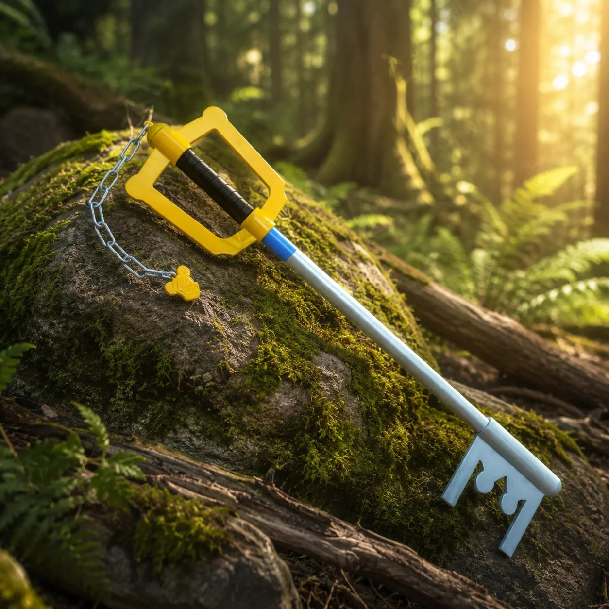 Close-up of Sora Kingdom Key Keyblade prop replica light blue blade tip detail – Kingdom Hearts collectible