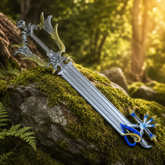 Kingdom Hearts Oathkeeper Keyblade fan-inspired decorative replica resting on forest log