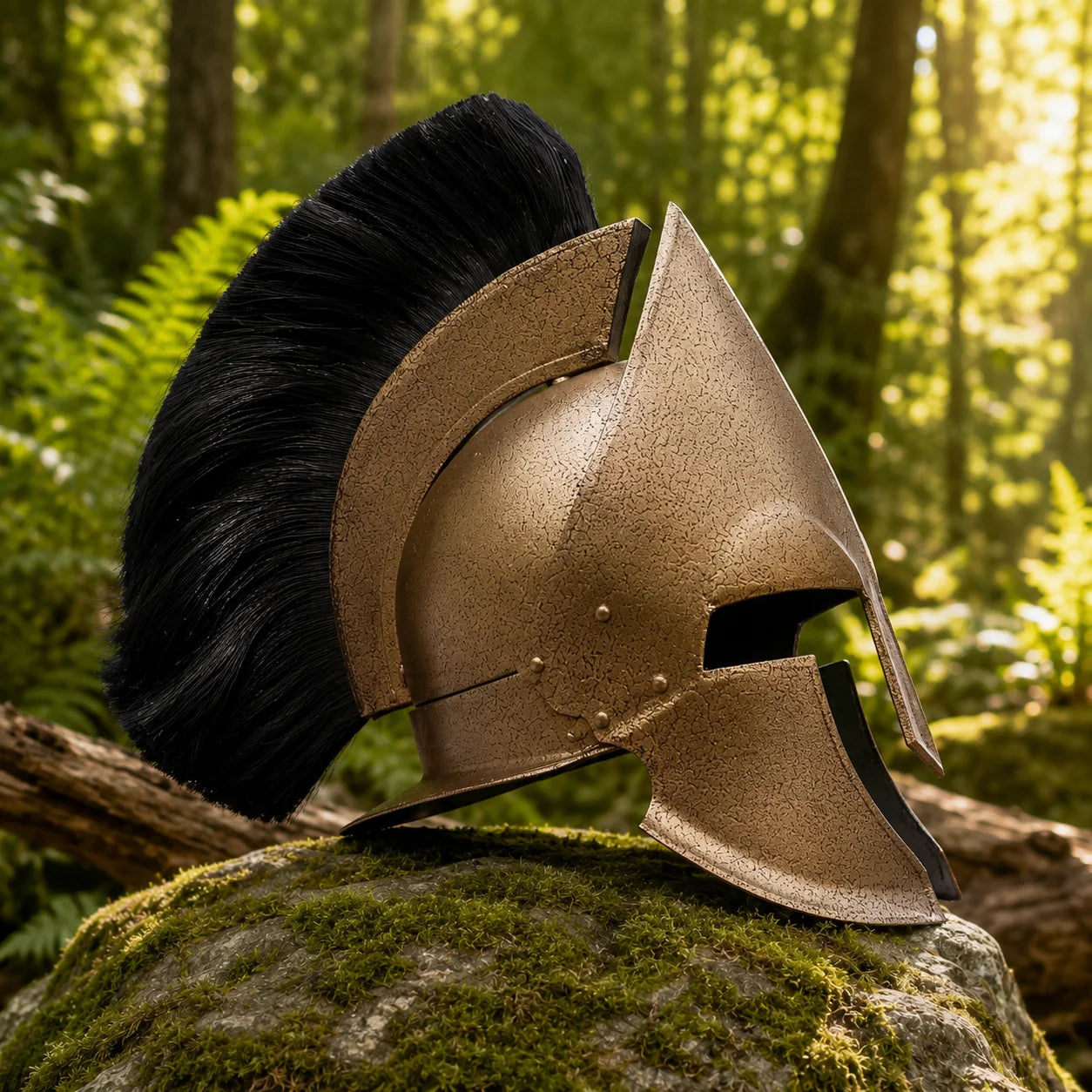 Spartan 300 Movie Helmet Replica held in gloved hand at an angle showing cheek guards and bronze finish