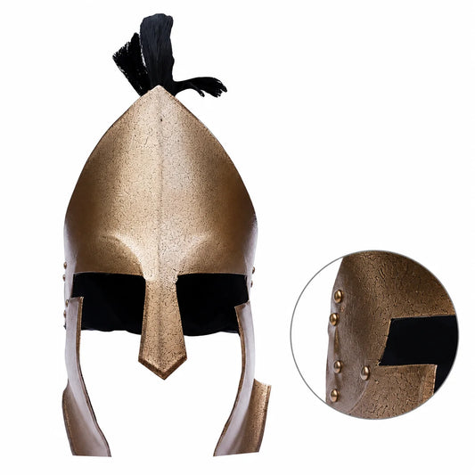 Spartan 300 Movie Helmet Replica with black hair crest held in a gloved hand, front view in a forest setting