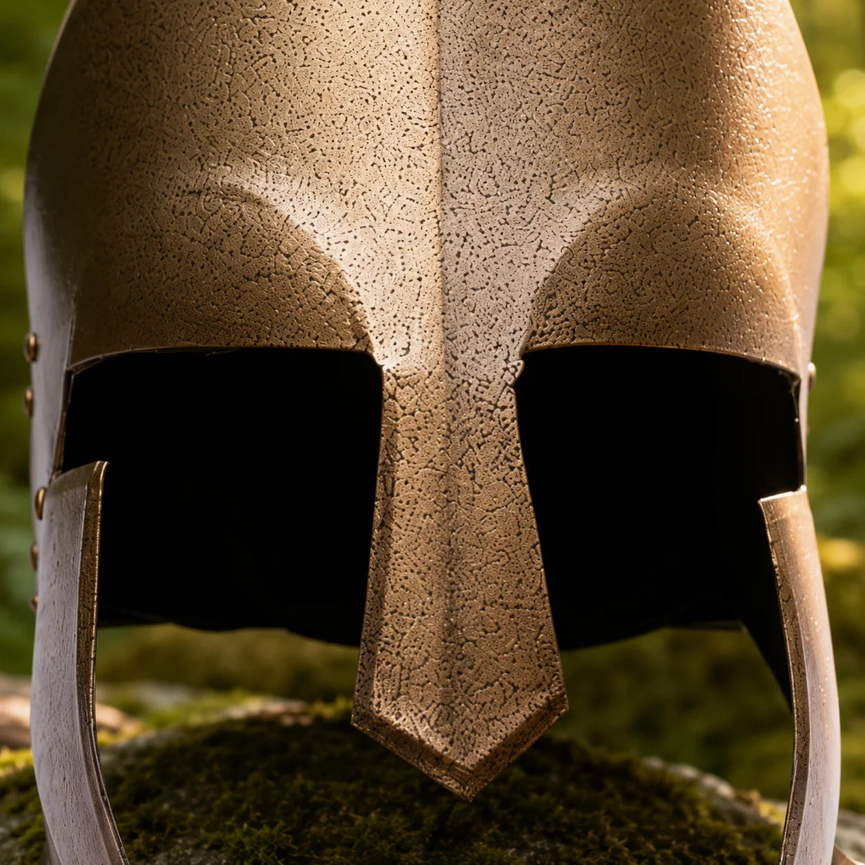 Spartan 300 Movie Helmet Replica with black plume crest resting on a mossy log in a sunlit forest