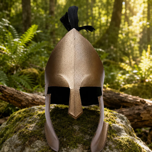Close-up of Spartan 300 Movie Helmet Replica showing detailed nose guard, eye slots, and antique bronze crackle finish