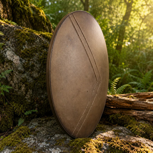 Leonidas Spartan shield prop replica from 300 movie – front view held in forest setting