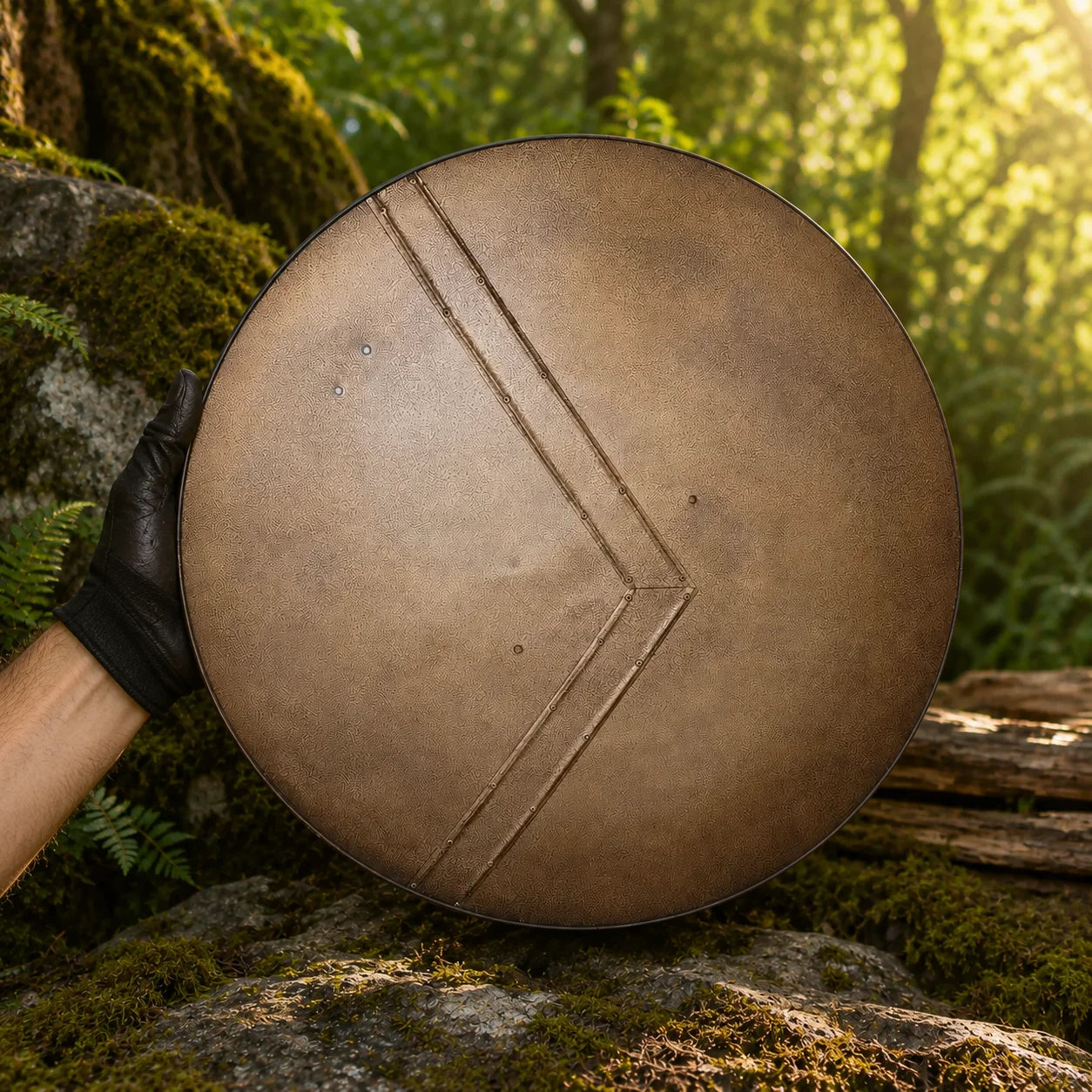 Top-down view of Leonidas Spartan shield prop replica with antiqued bronze finish on mossy rocks