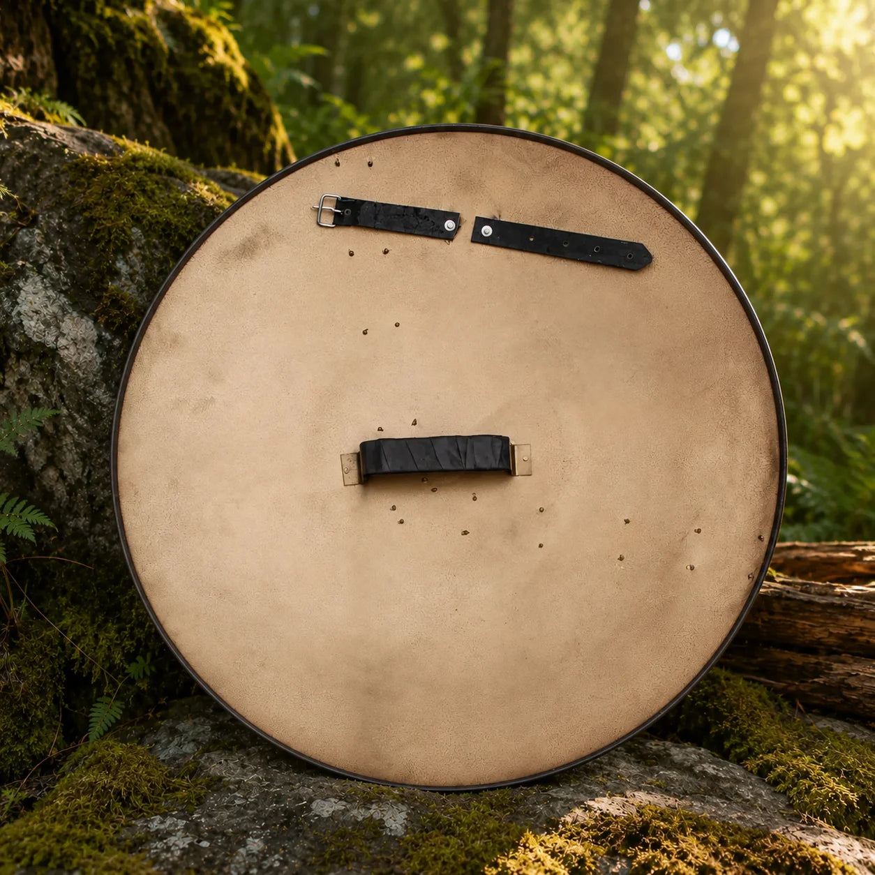 Close-up detail of Spartan lambda emblem on 300 movie shield prop replica with battle-worn finish
