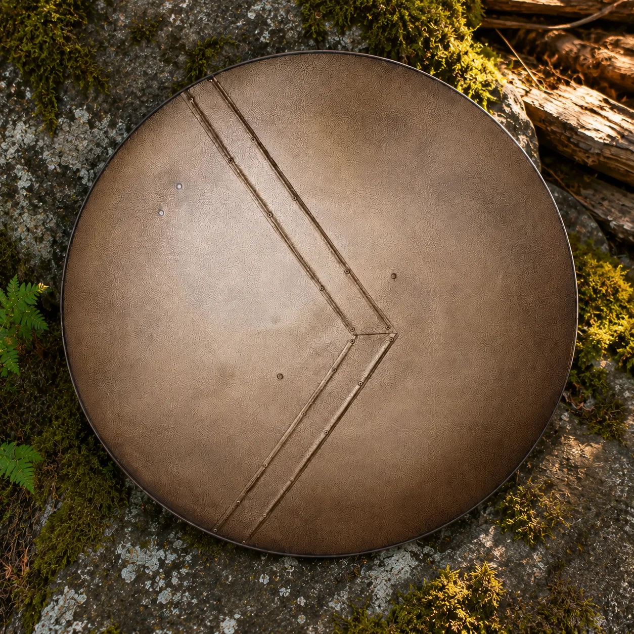 300 movie Leonidas Spartan shield display collectible leaning against mossy log in forest