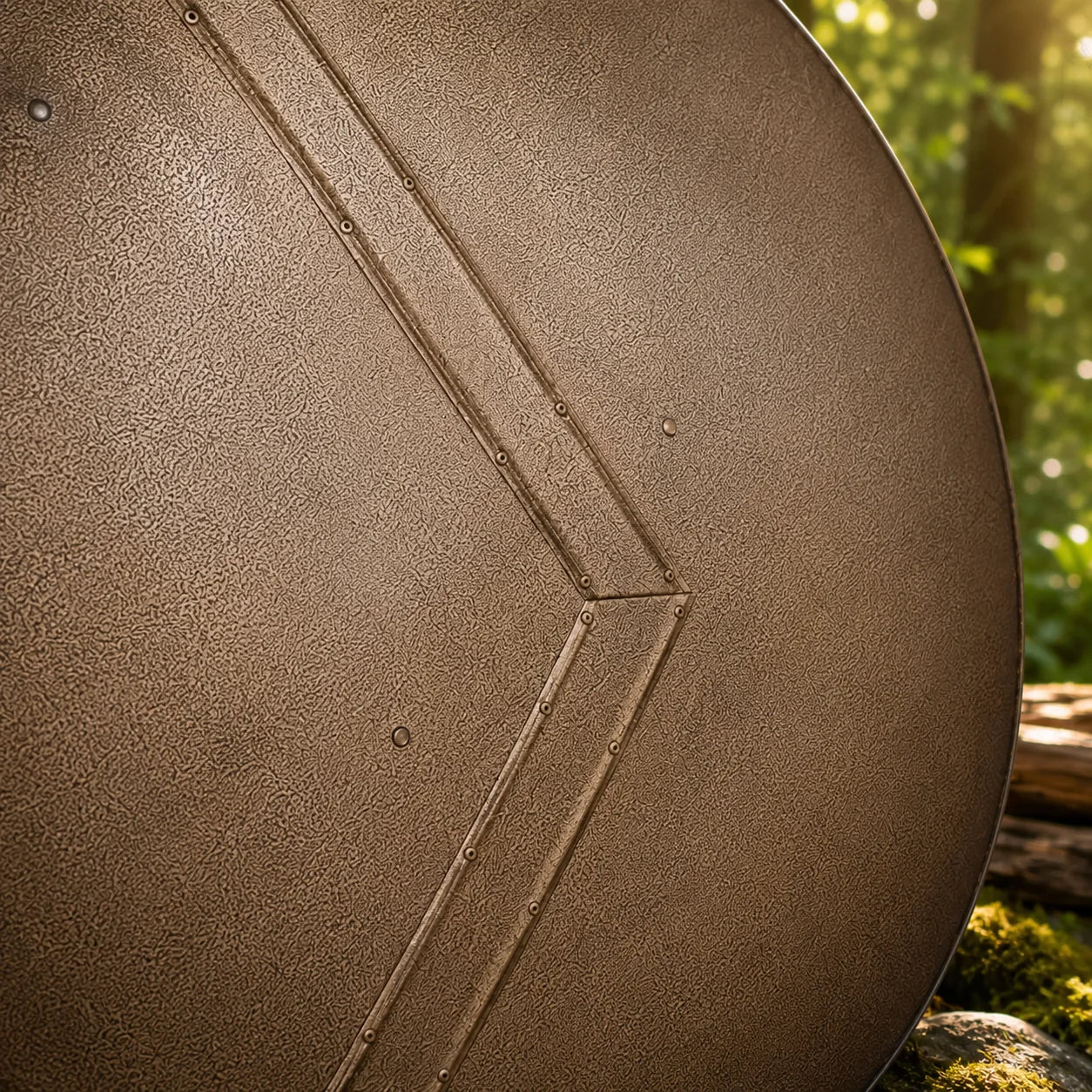 Side angle view of Spartan shield prop replica from 300 film showing raised lambda detailing