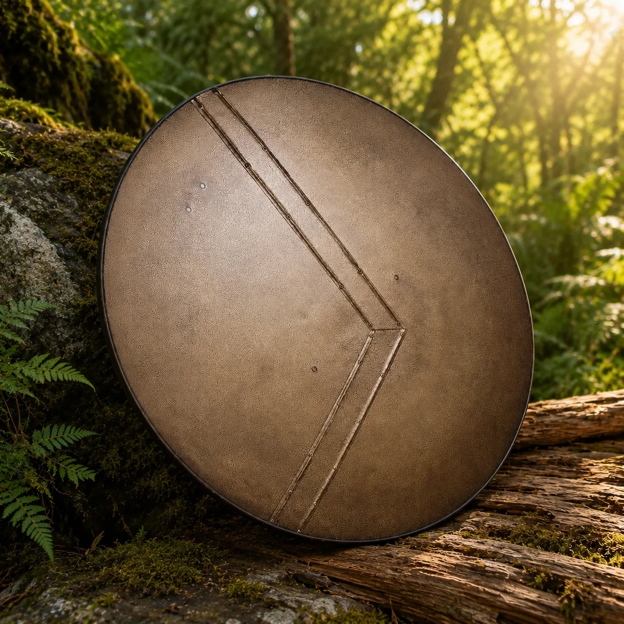 Leonidas Spartan shield fan collectible display piece resting on ancient stone in natural light
