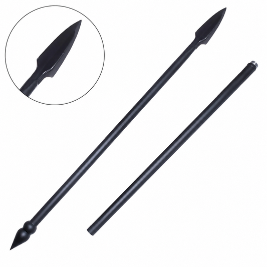 Leonidas Spartan spear prop replica from 300 movie held in gloved hand in forest setting