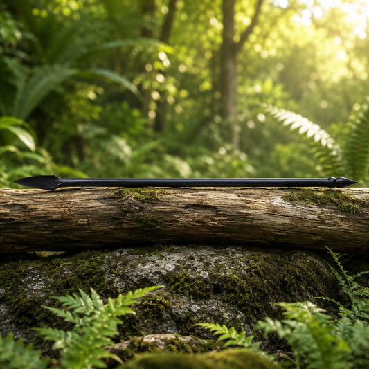 Close-up of butt spike detail on 300 movie Spartan spear display prop replica on mossy log