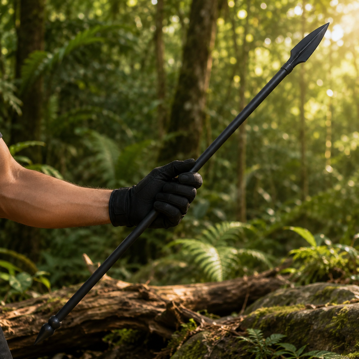 Leonidas Spartan spear display collectible from 300 film resting diagonally on mossy log
