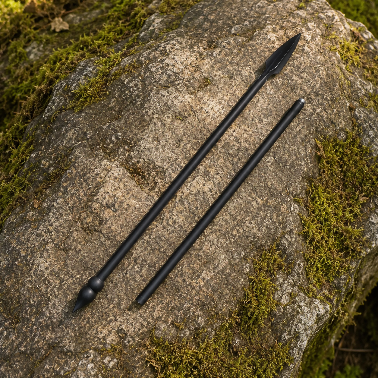 Leonidas Spartan spear fan collectible from 300 film laid across large mossy forest rock