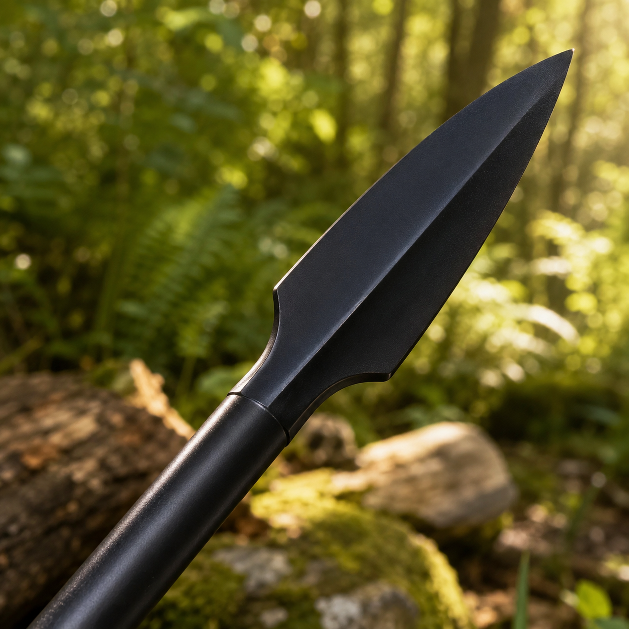 Full-length view of 300 movie Spartan spear prop replica with matte black finish in forest