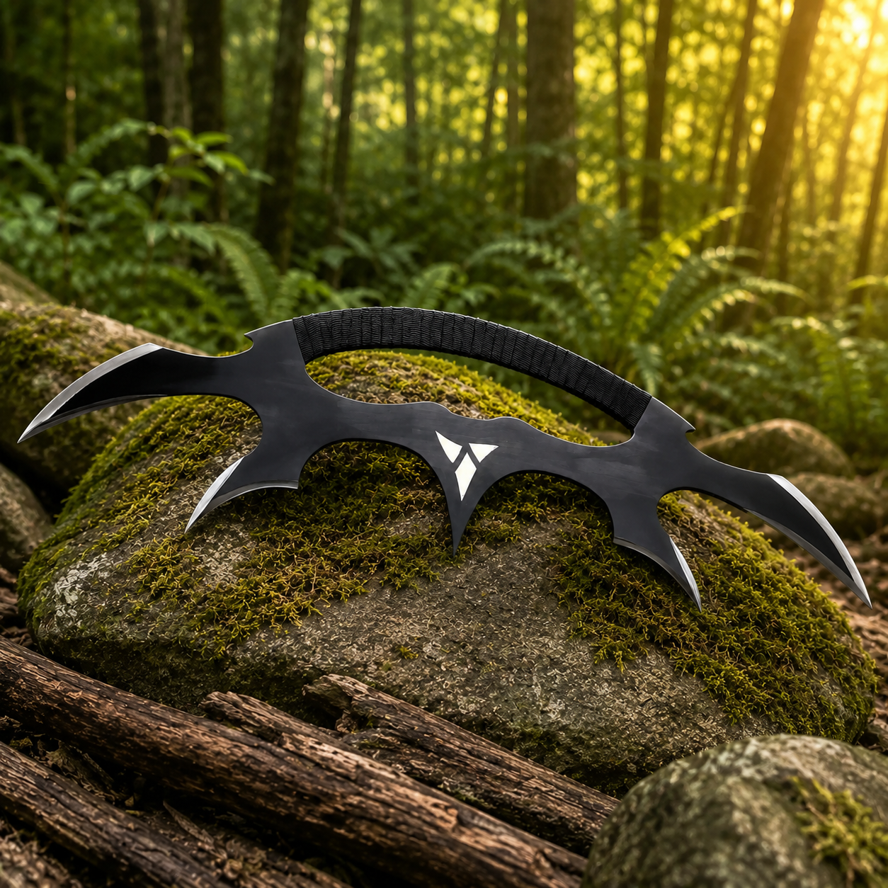 Close-up of Klingon Bat'leth prop replica showing wrapped grip handle and black display finish