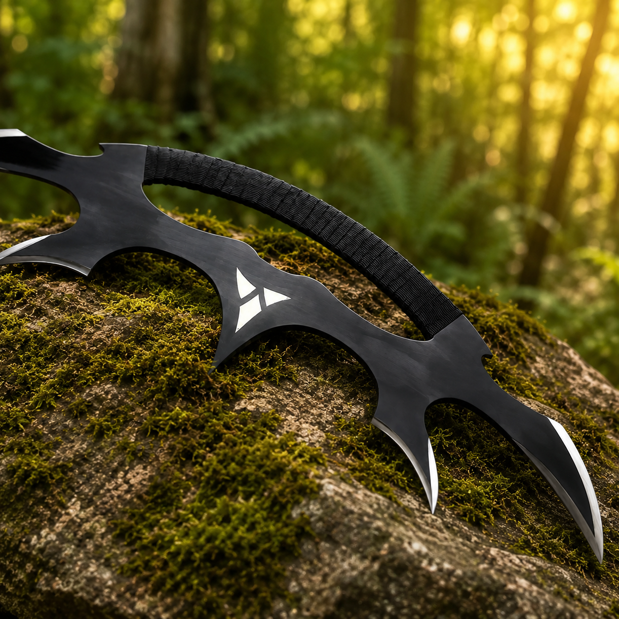 Klingon Bat'leth prop replica side profile on rock – Star Trek fan collectible display piece