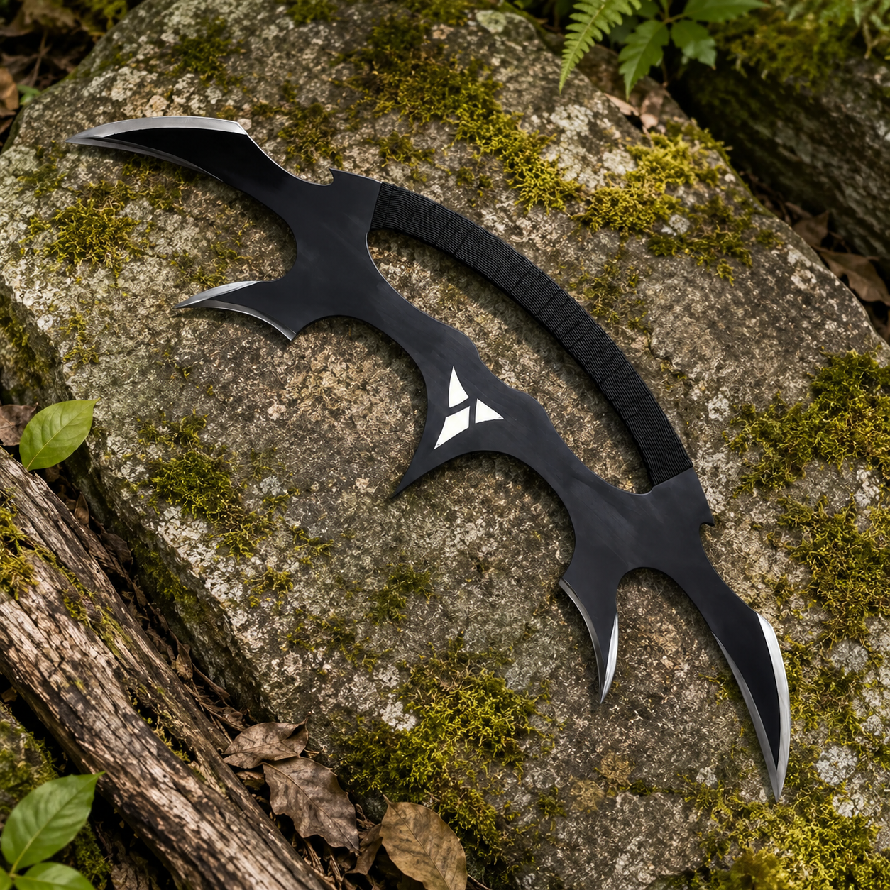 Close-up of etched Klingon symbol detail on Bat'leth prop replica – Star Trek collectible