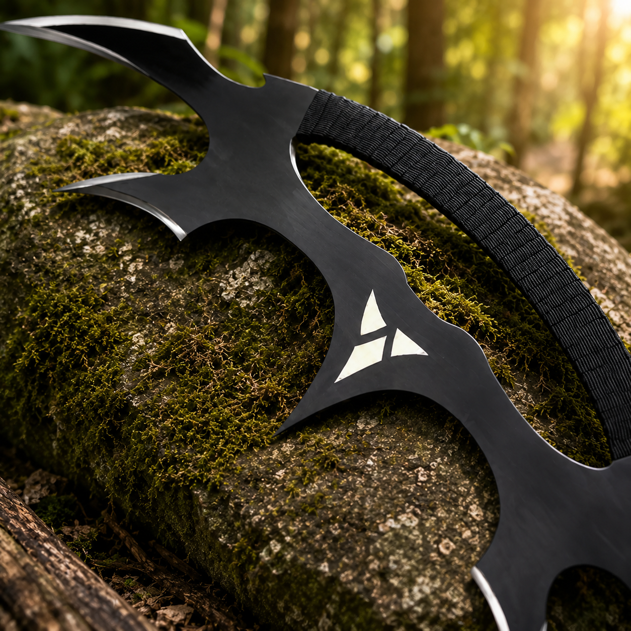 Klingon Bat'leth Star Trek prop replica angled outdoor display on mossy stone