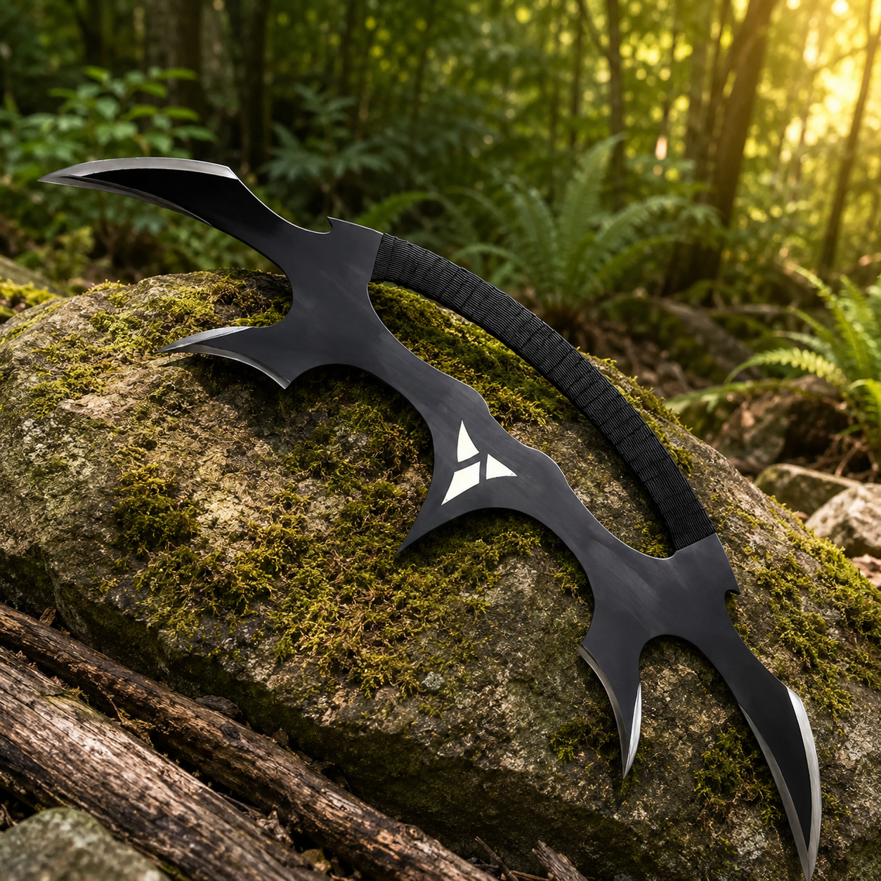 Star Trek Klingon Bat'leth prop replica cosplay display collectible on natural rock surface